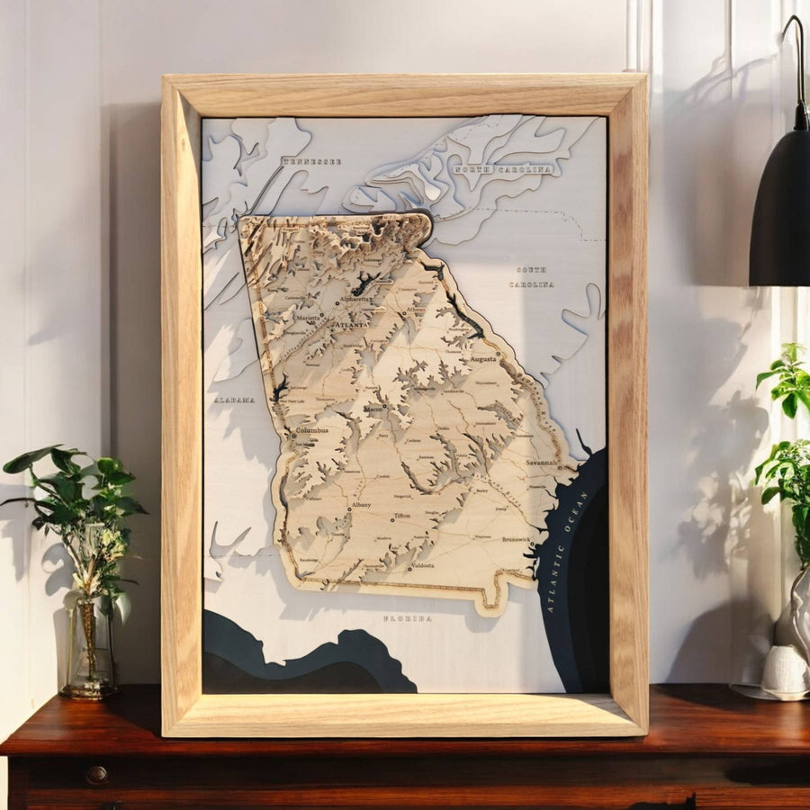 Georgia USA Wooden topographic framed map art sitting on a desk