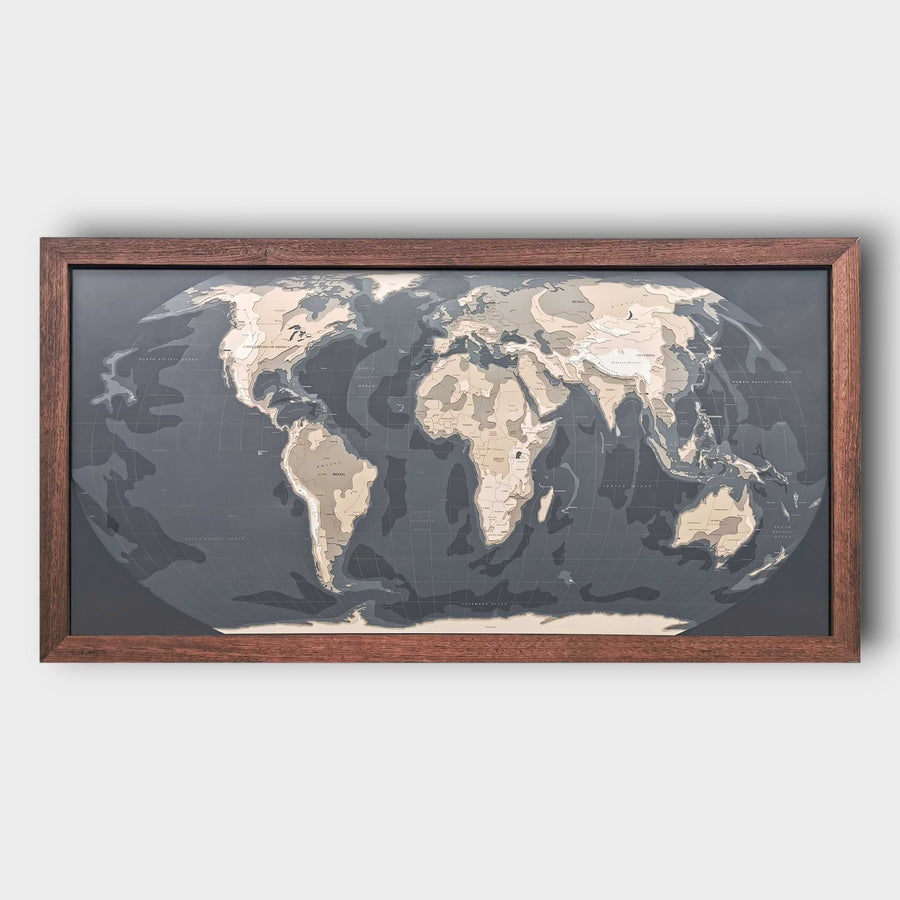 Topographic framed world map made of wood