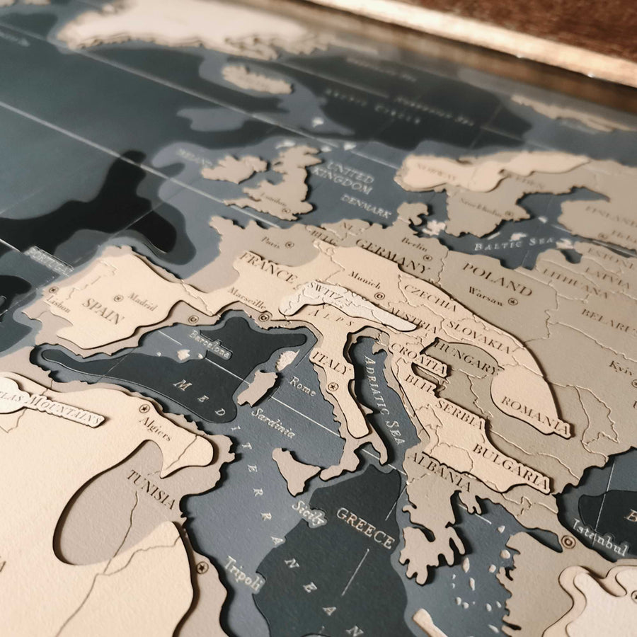 Wooden world map depicting Europe