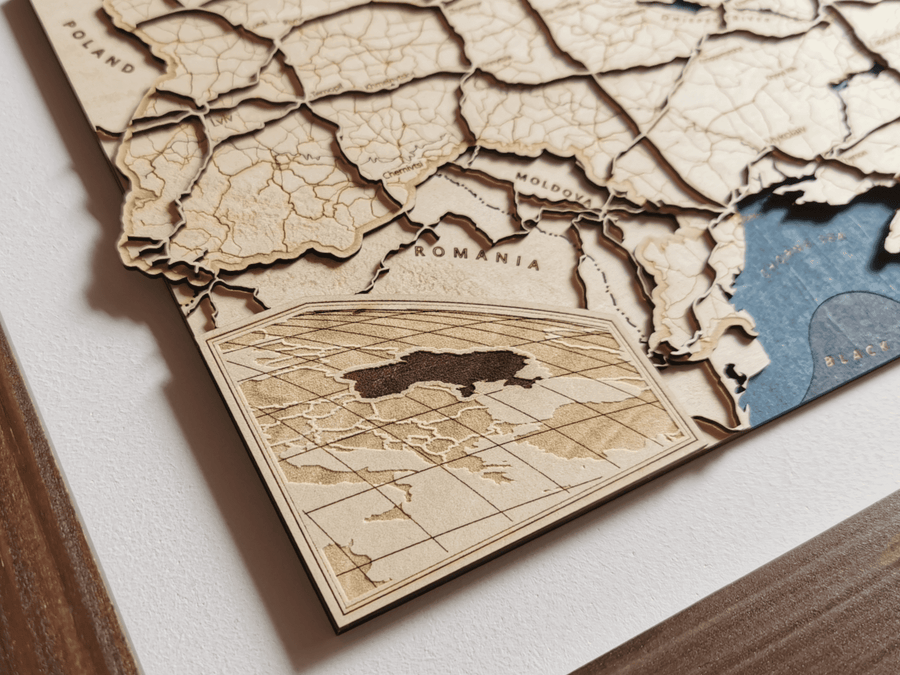 Ukraine location in europe on a wooden engraved map showing black sea, meditteranean, russia, turkey, romania