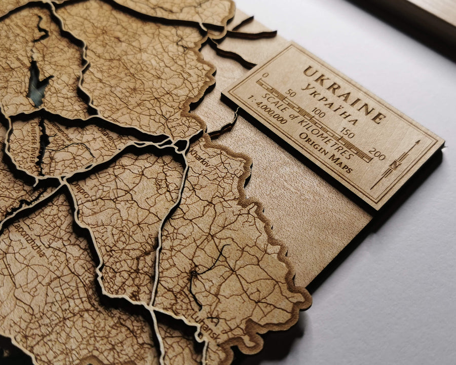 Ukraine wooden map showing the road network laser engraved