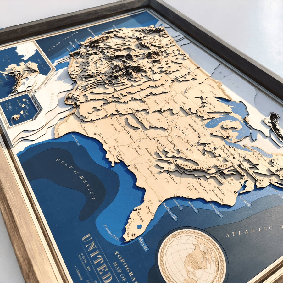 View across a custom wooden map of the USA spanning from the Appalachians to the Rocky Mountains