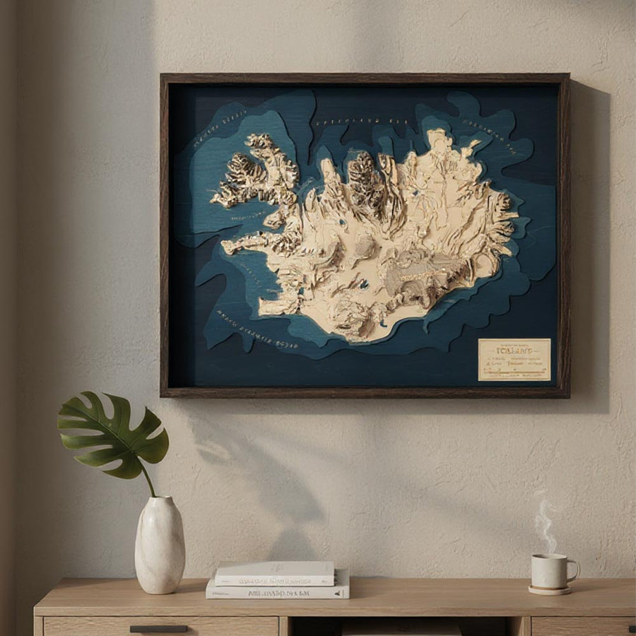 3d framed wooden map of iceland in a living room