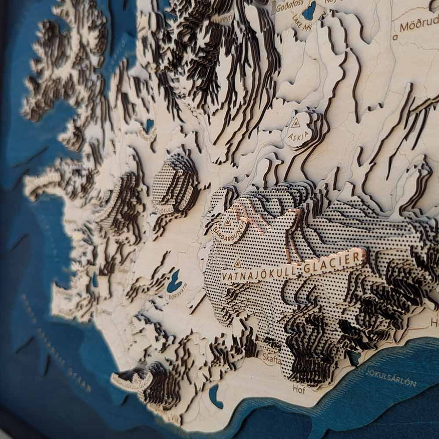 Vatnajokull Glacier of Iceland as seen on a wooden contour map