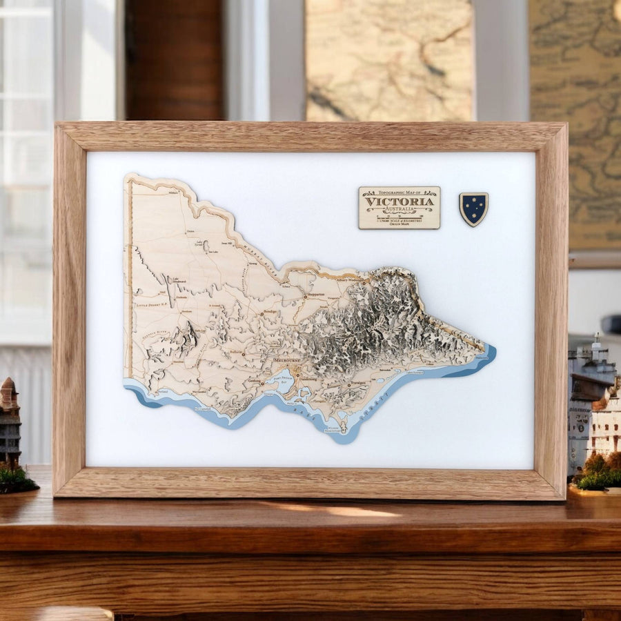 Victoria Australia Wooden Topographic Contour Map In A wooden frame