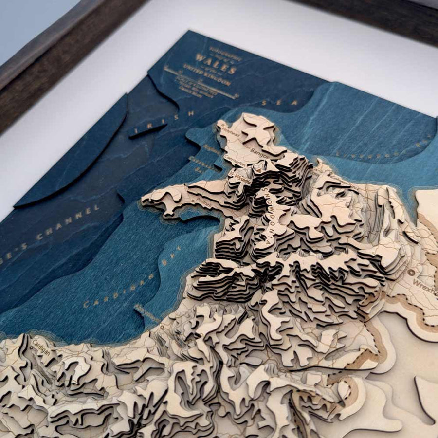 Snowdonia national park of Wales, as seen on a carved wooden map