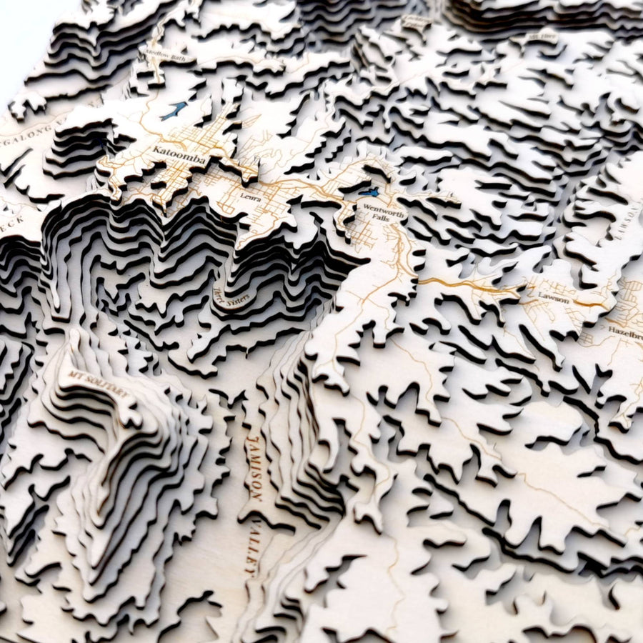 Katoomba and Wentworth Fall of the blue mountains as seen on a 3d contour map