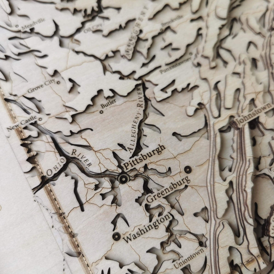 Pittsburgh and Greensburg and Washington of Pennsylvania featured on a beautiful unique wooden contour map