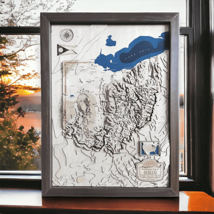 Wooden Gift Map Of Ohio Sitting On A Window Sill With A scenic sunset in the background