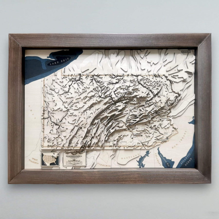 Picture of a whole wooden map of Pennsylvania USA