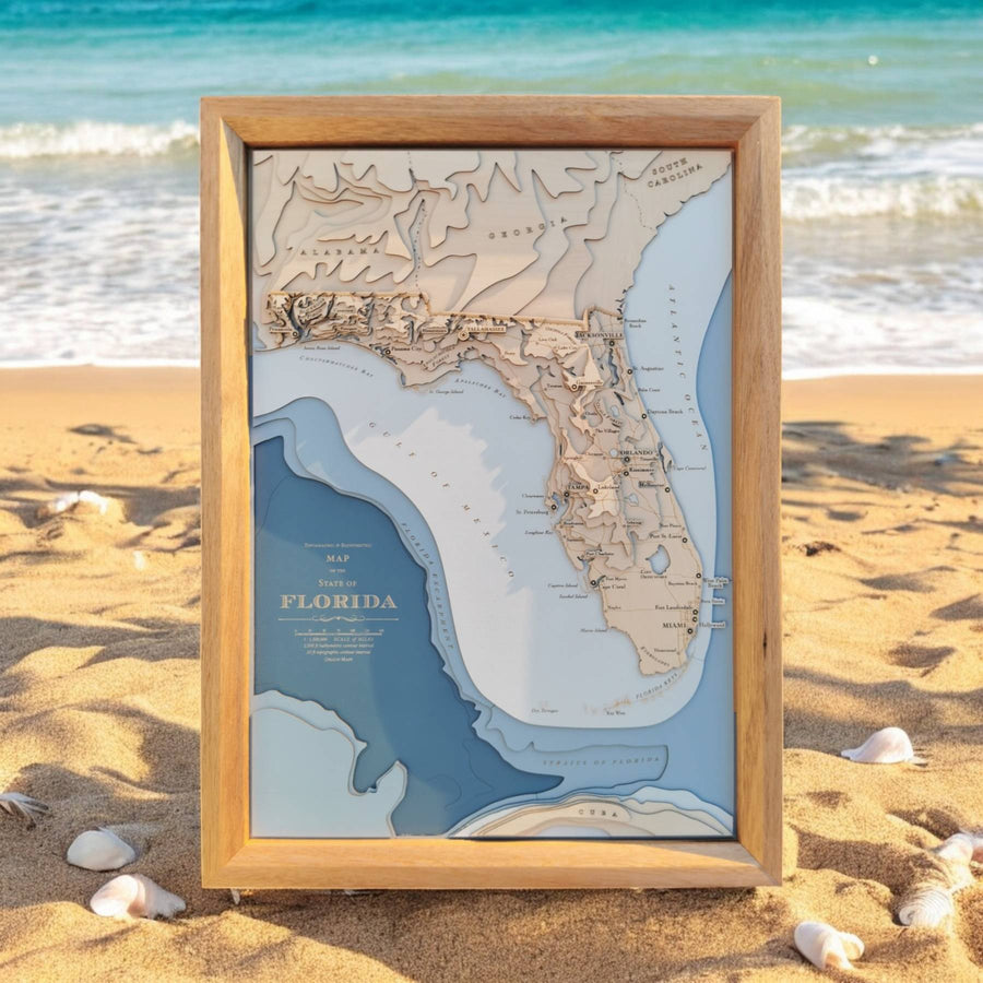 map art of florida in a wooden frame resting on a tropical beach