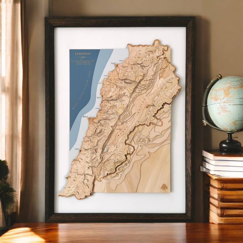 Lebanon framed wooden map on a desk