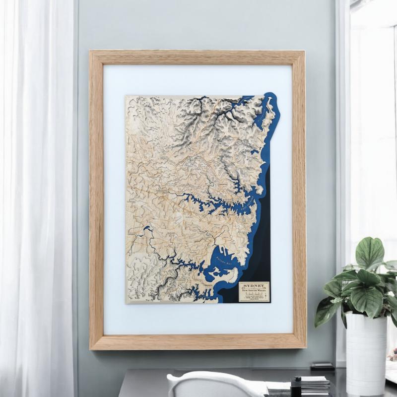 Framed map art of sydney in an office setting