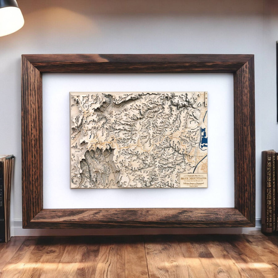 Blue Mountains Wooden 3d map in a frame