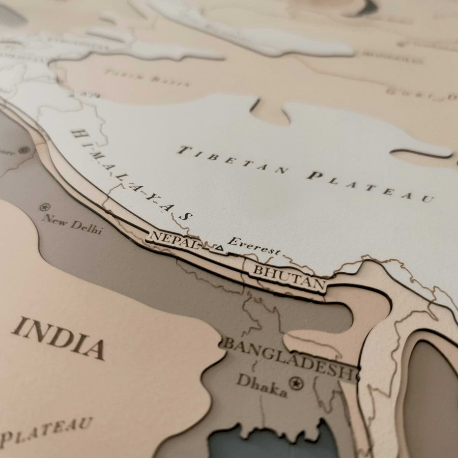 Mount Everest and the Tibetan Plateau, seen on a topographic world map