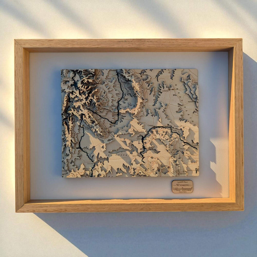 Framed topographic map art of the state of Wyoming USA