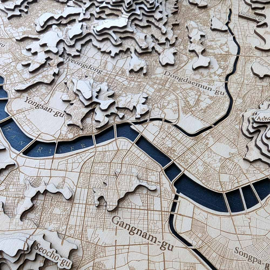 Han River of Seoul, as shown on a framed wooden map