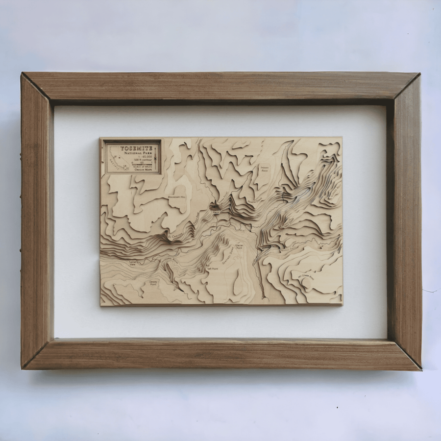 Yosemite National Park Shown as a wooden topographic contour map in a frame