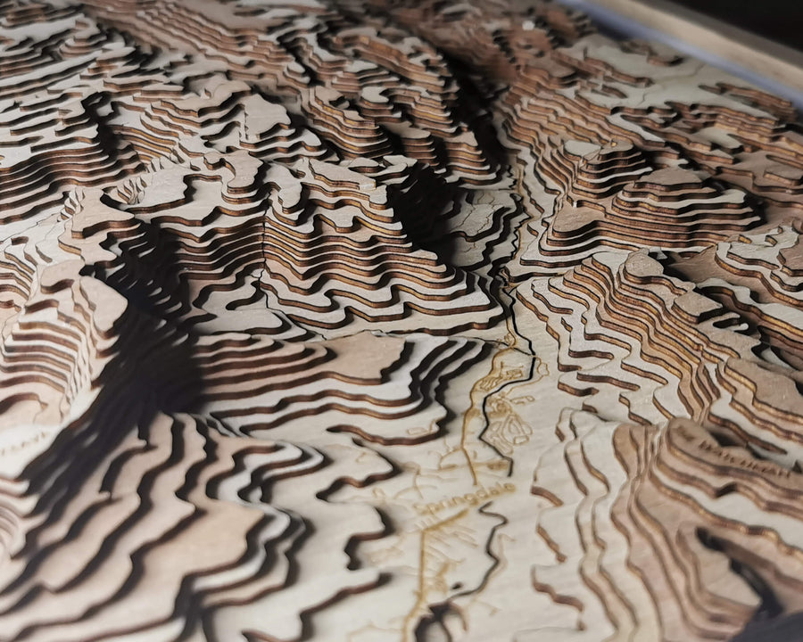 Wooden contour map of mountains and cliffs in zion national park