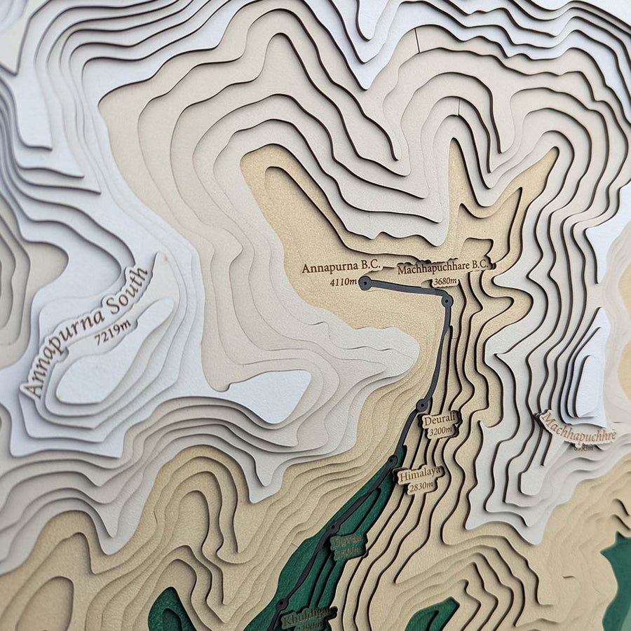 Annapurna Base Camp as seen on a 3d Wooden contour map
