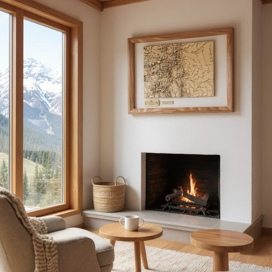 Wooden framed map of Colorado in a living room