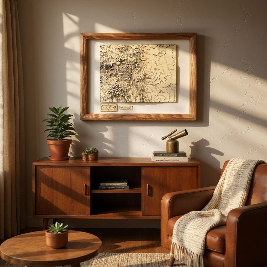 Framed topographic map of Colorado in a sunlit living room