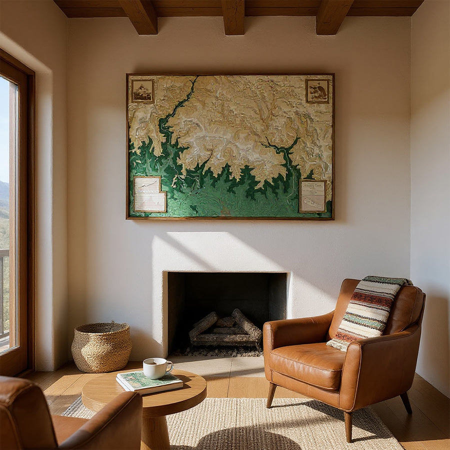 Living room with leather armchair, coffee table, and decorative 3d topographic map above a fireplace.