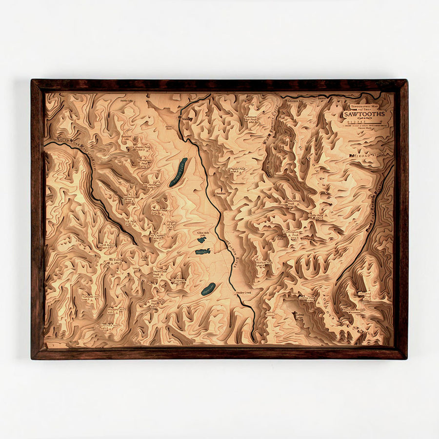 Sawtooth Mountains, Idaho wooden map art in an oak frame, a carved 3D topographic map