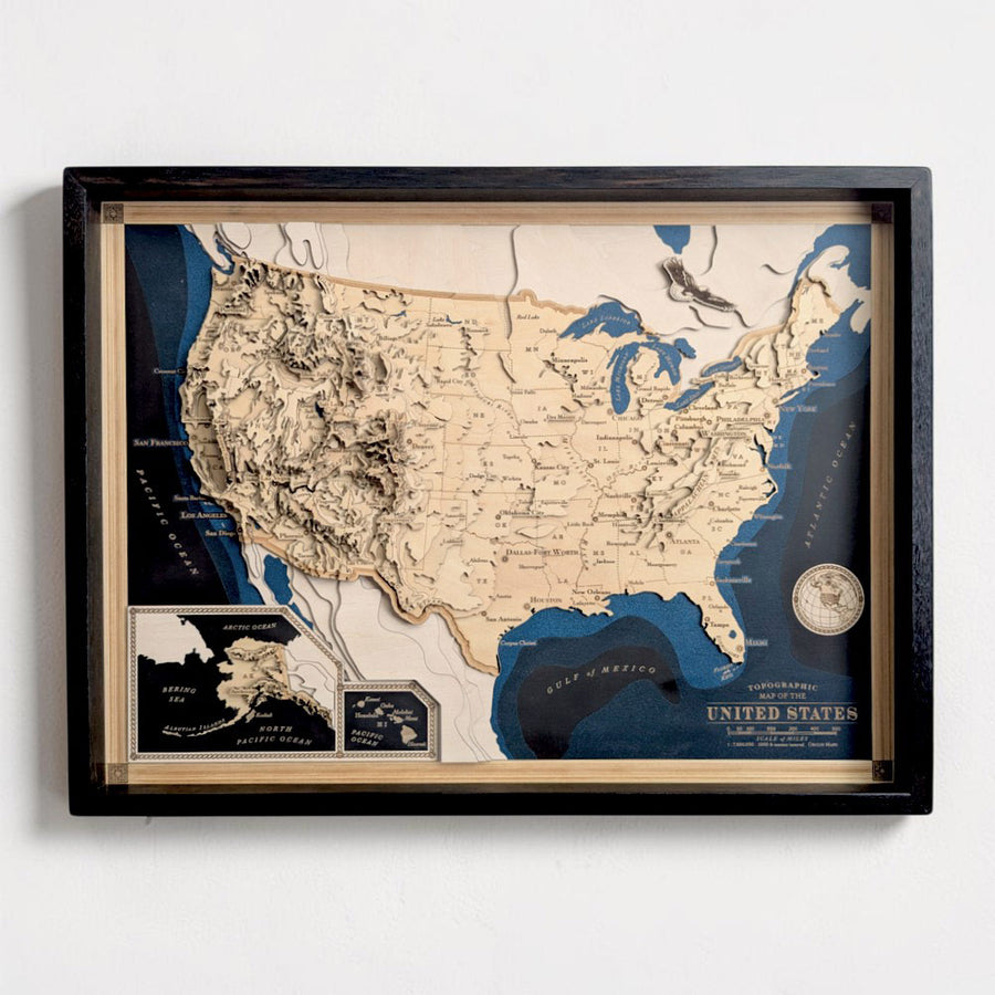 wooden topographic map of the USA, laser cut and framed