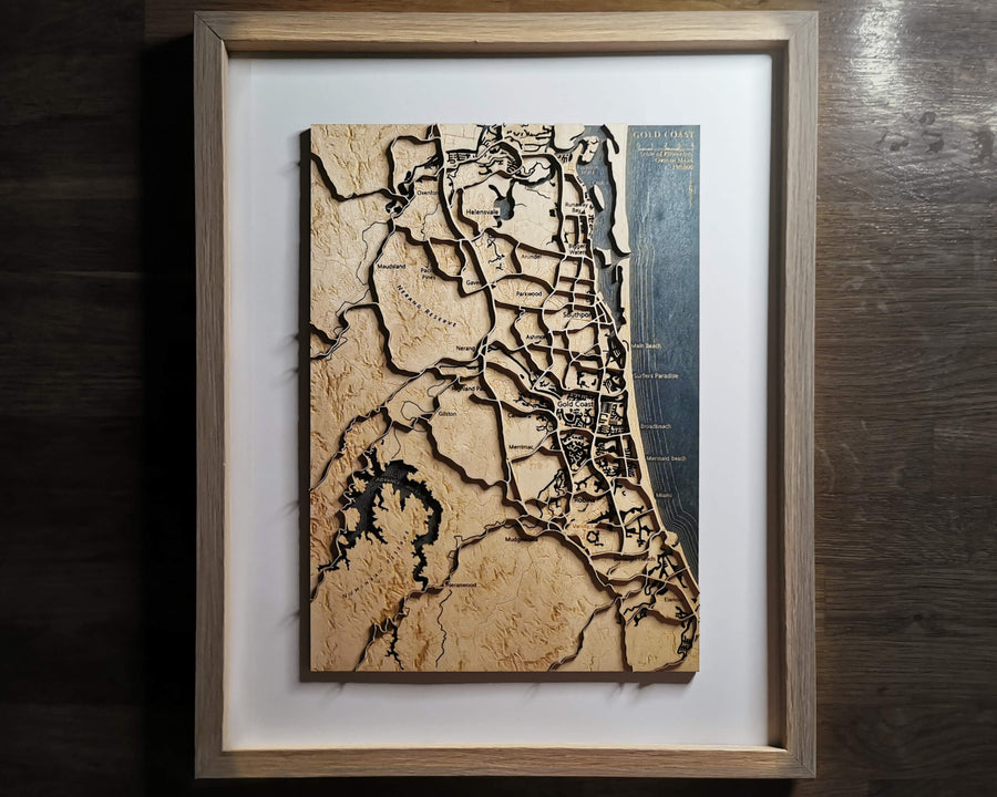 Gold Coast Queensland wooden map art in an oak frame, a carved 3D topographic map