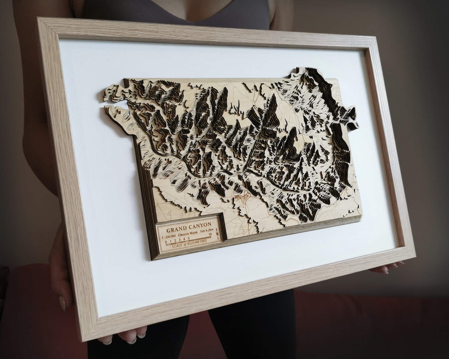 Grand Canyon National Park wooden map art from the side, showing the carved 3D layers