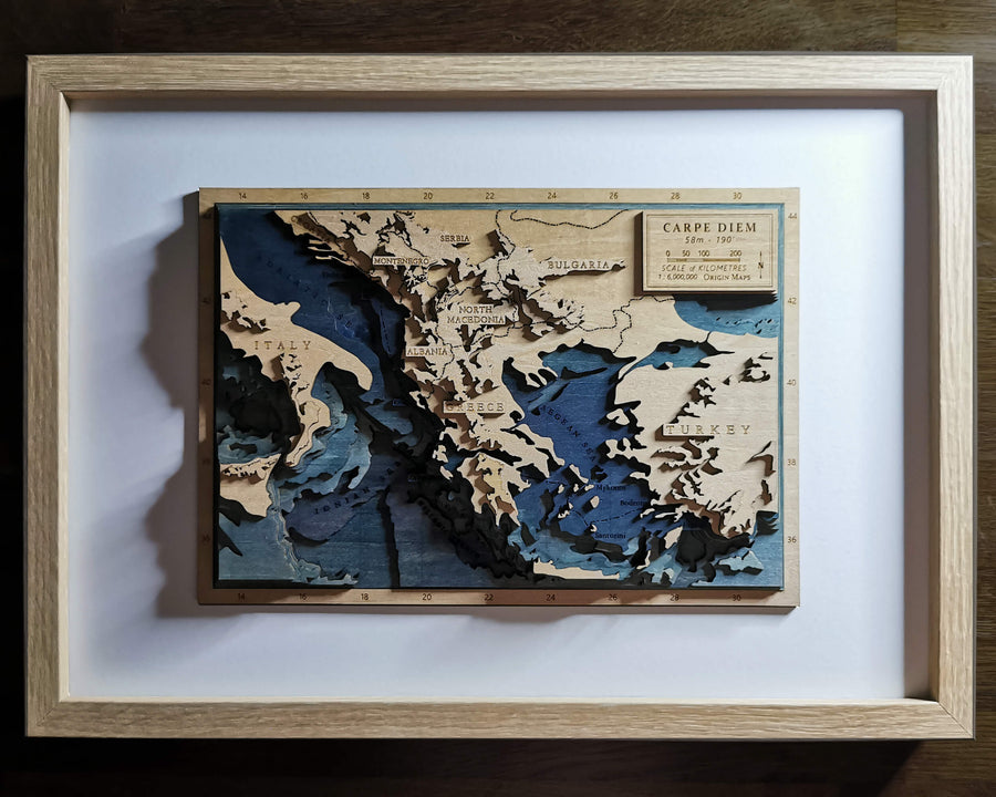 Greece wooden map art from the side, showing the carved 3D layers